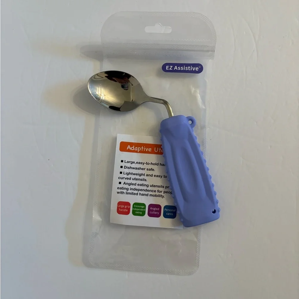 New EZ Assistive Angled Adaptive Utensils Spoon Purple Silver Comfort Grip OS